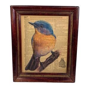 Handmade Upcycled Bluebird Bird Printed on Vintage Dictionary Page Wall Art